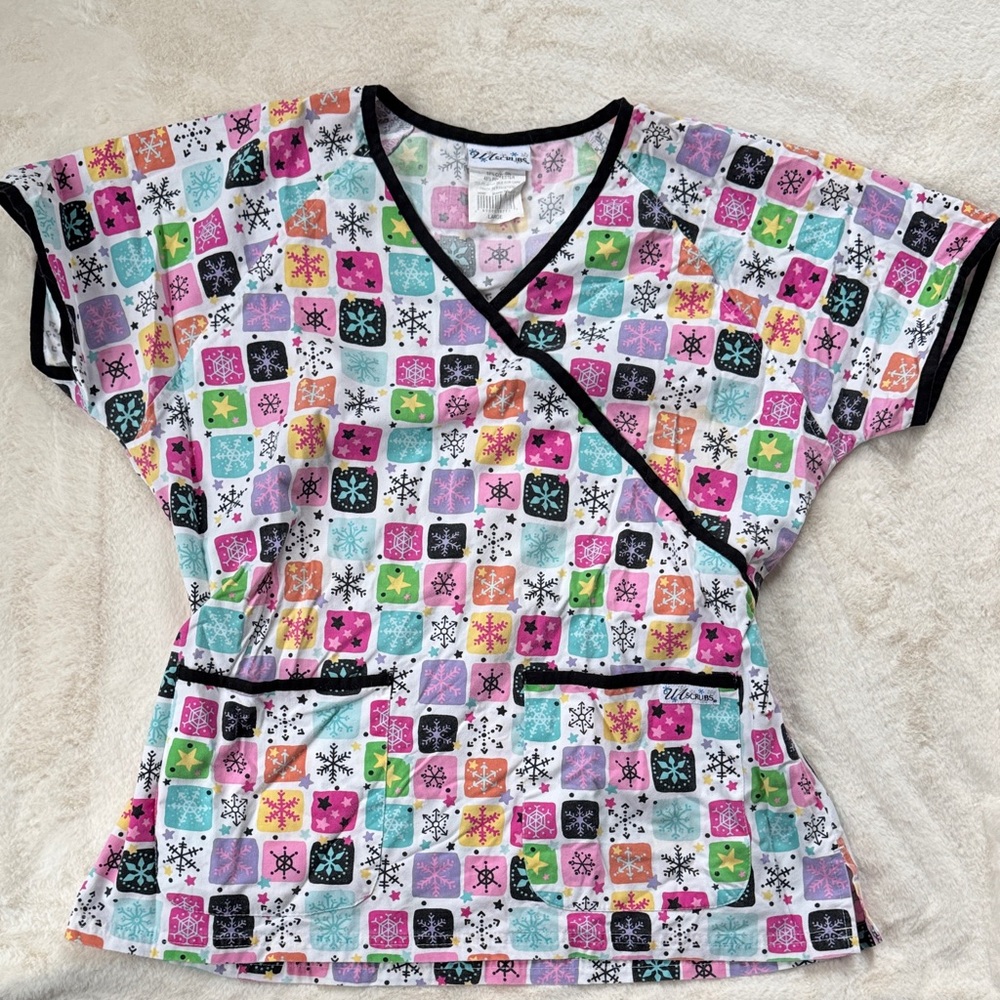 Colorful Snowflake Scrub Top with Black Trim